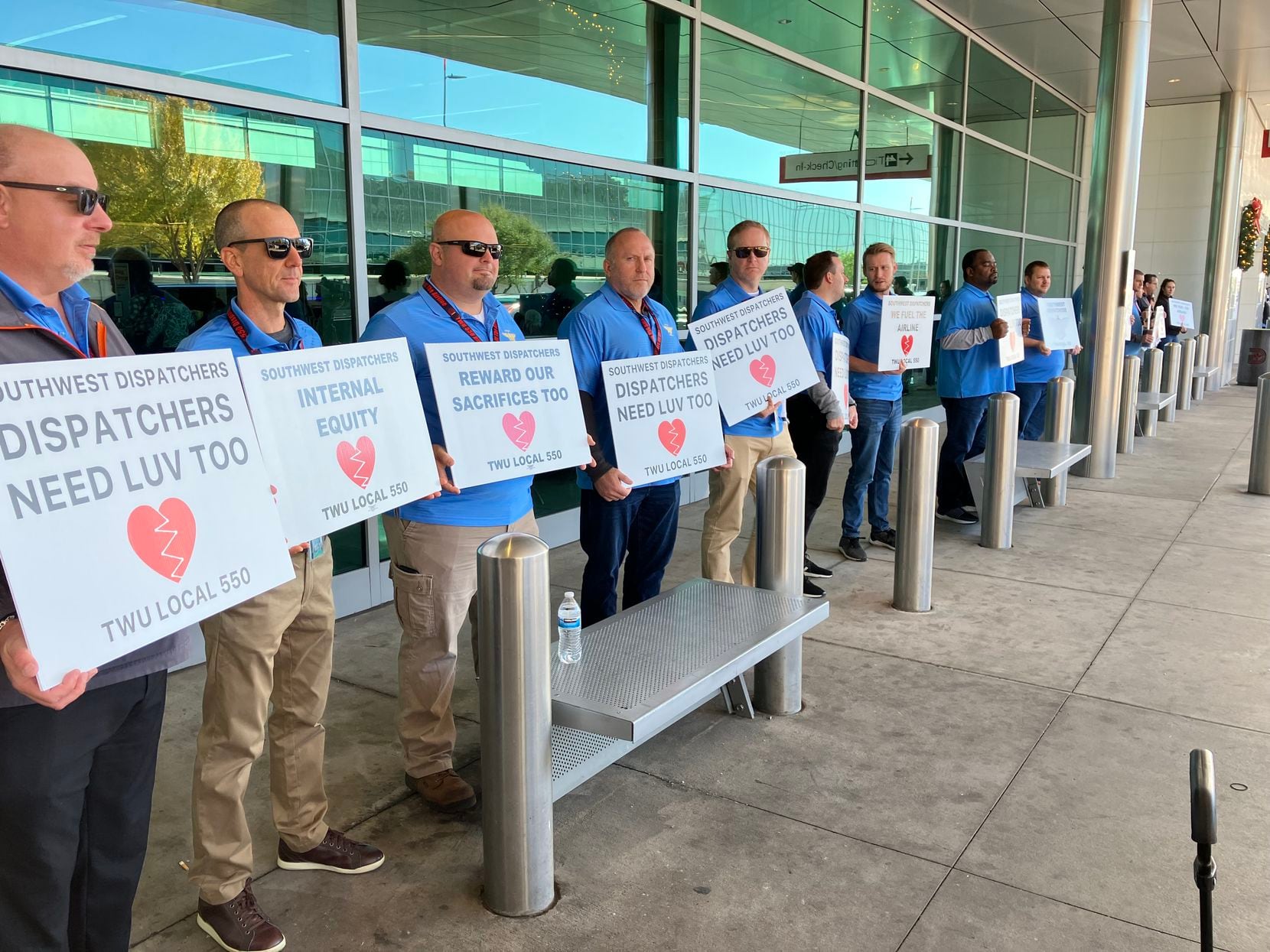 Southwest Airlines union dispatchers with TWU Local 550 demonstrate at Dallas Love Field to...