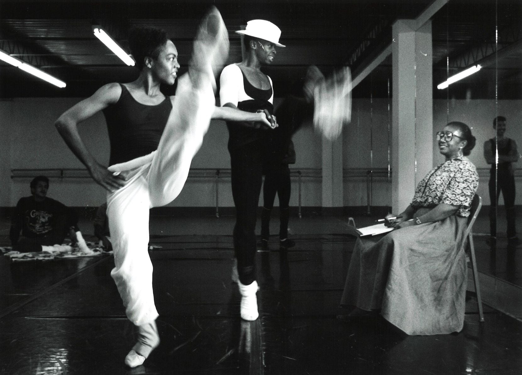 Ann Williams (far right) watches with pleasure as dancers for the Dallas Black Dance Theatre...