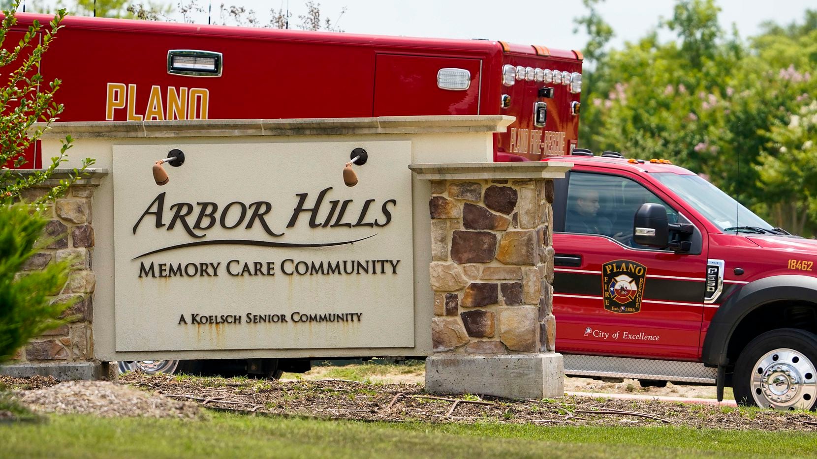 A Plano Fire-Rescue ambulance departs from Arbor Hills Memory Care Community in Plano on...