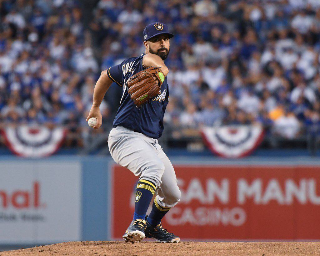 Milwaukee Brewers starting pitcher Gio Gonzalez throws during the first inning of Game 4 of...