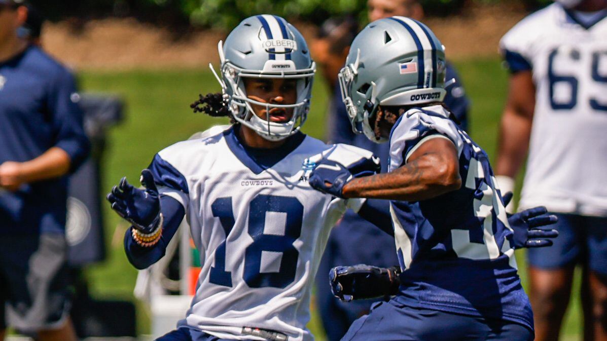 Dallas Cowboys wide receiver (18) Jalen Tolbert during a Cowboys rookie minicamp at The Star...
