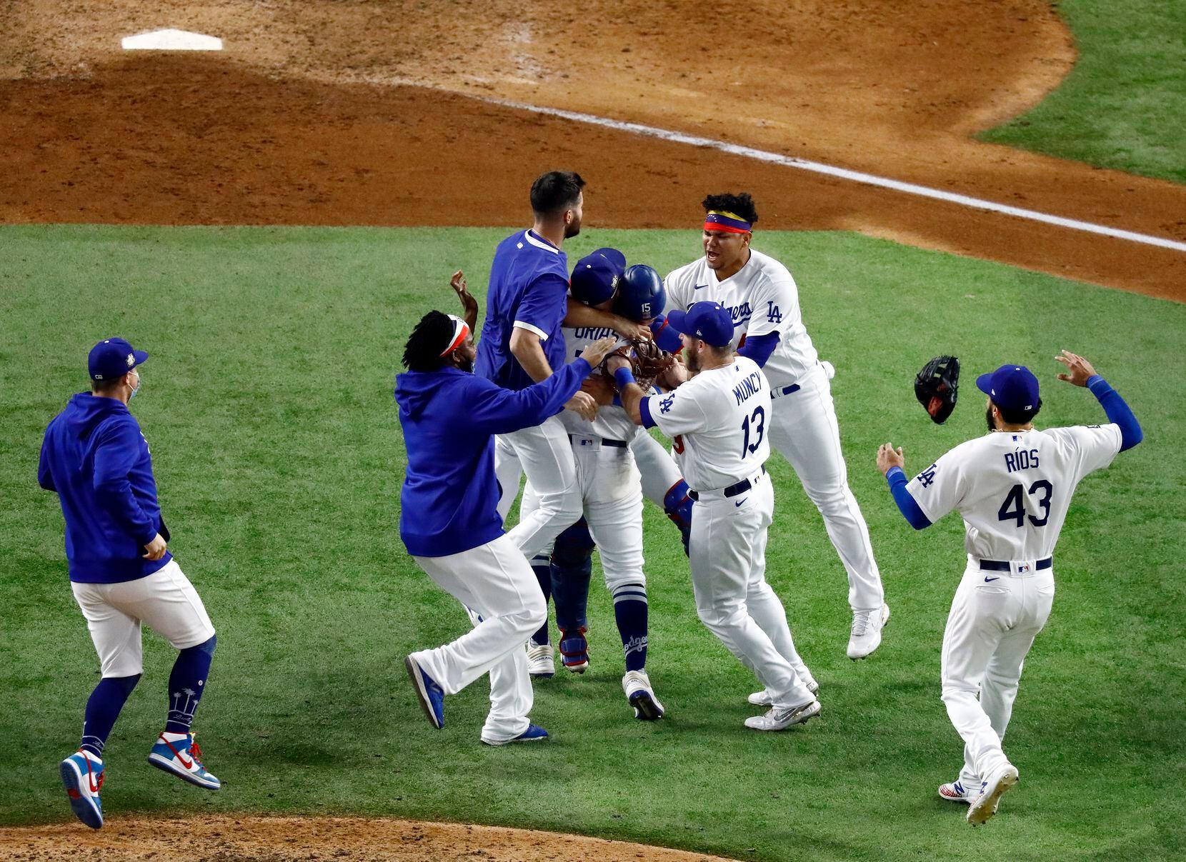 The Los Angeles Dodgers celebrate their World Series win over the Tampa Bay Rays in Game 6...