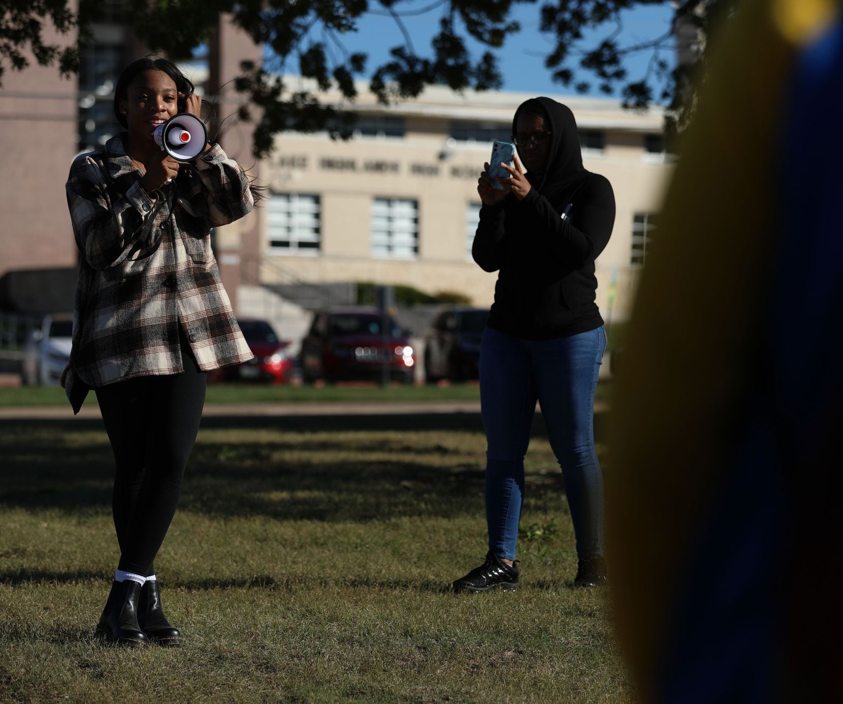 Lake Highlands High School junior Kiara Purcell Ivory speaks to students gathered across the...