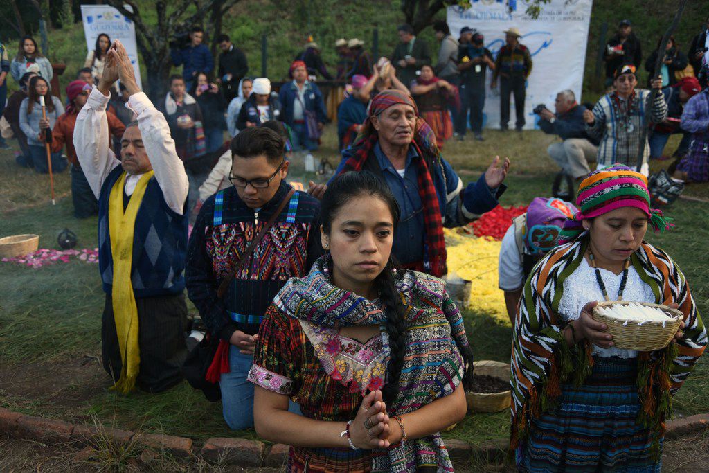 Mayan indigenous people celebrate a ceremony marking the 21st anniversary of the signing of...