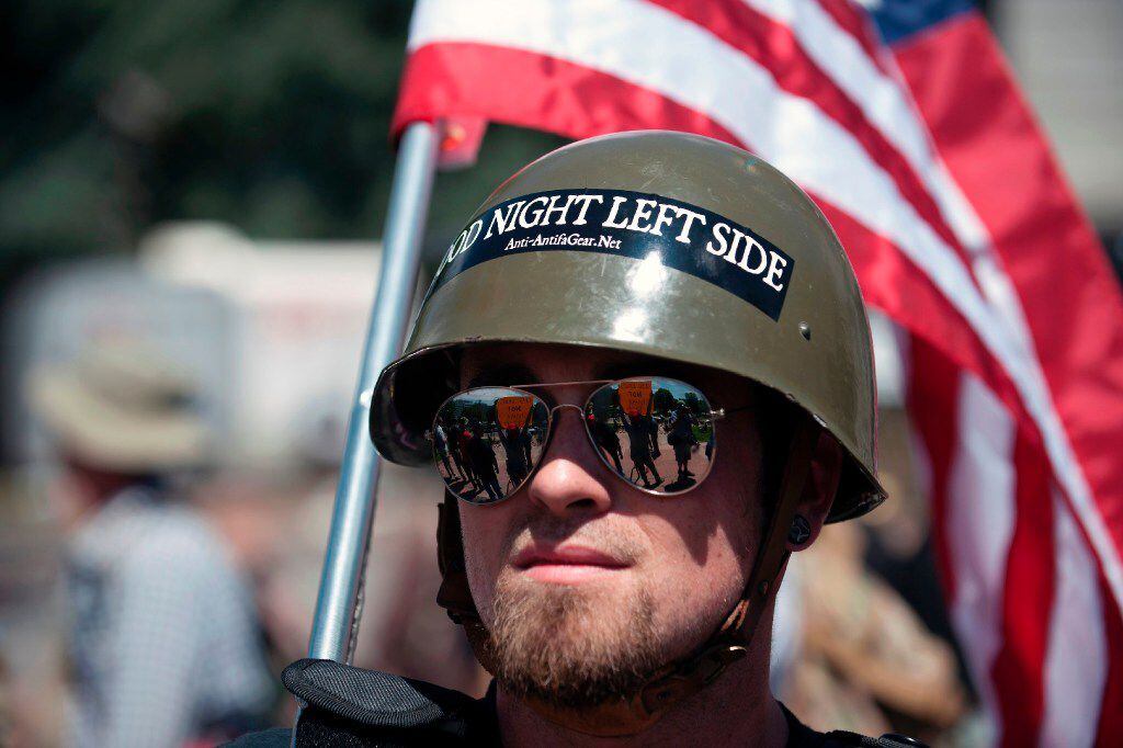 A right-wing demonstrator participates in the Denver March Against Sharia Law in Denver,...