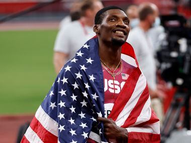 USA’s Fred Kerley celebrates after finishing in second place in the men’s 100 meter final...