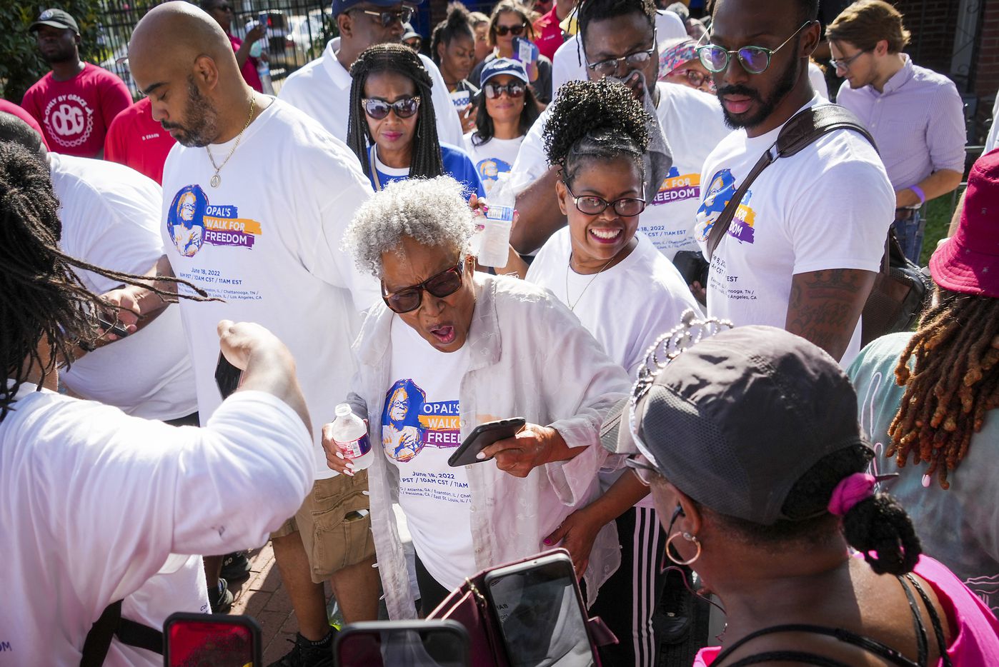 Opal Lee (center) greets walkers before the 2022 Opal's Walk for Freedom on Saturday, June...