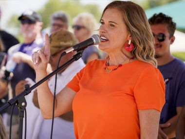 Shelley Luther addressed supporters of President Donald Trump during a rally at Grapevine Lake on Aug. 15, 2020.