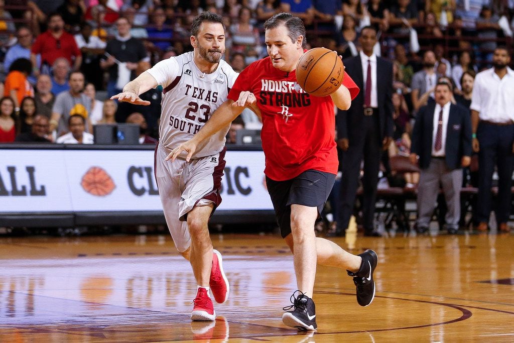 Senator Ted Cruz dribbles past Jimmy Kimmel during the Blobfish Basketball Classic and one-on-one interview.