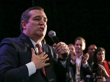 Republican Sen. Ted Cruz addresses supporters Tuesday night at the Hilton Post Oak in...