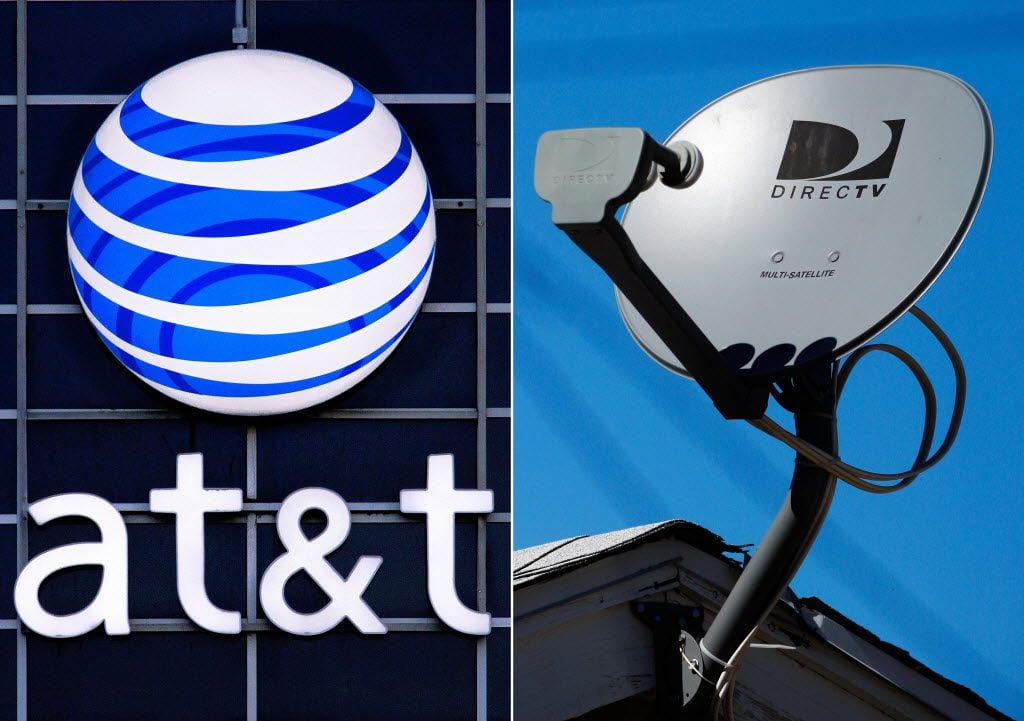 This combo made from file photos shows the AT&T logo on the side of a corporate office in Springfield, Ill., left, and a DirecTV satellite dish atop a home in Los Angeles.