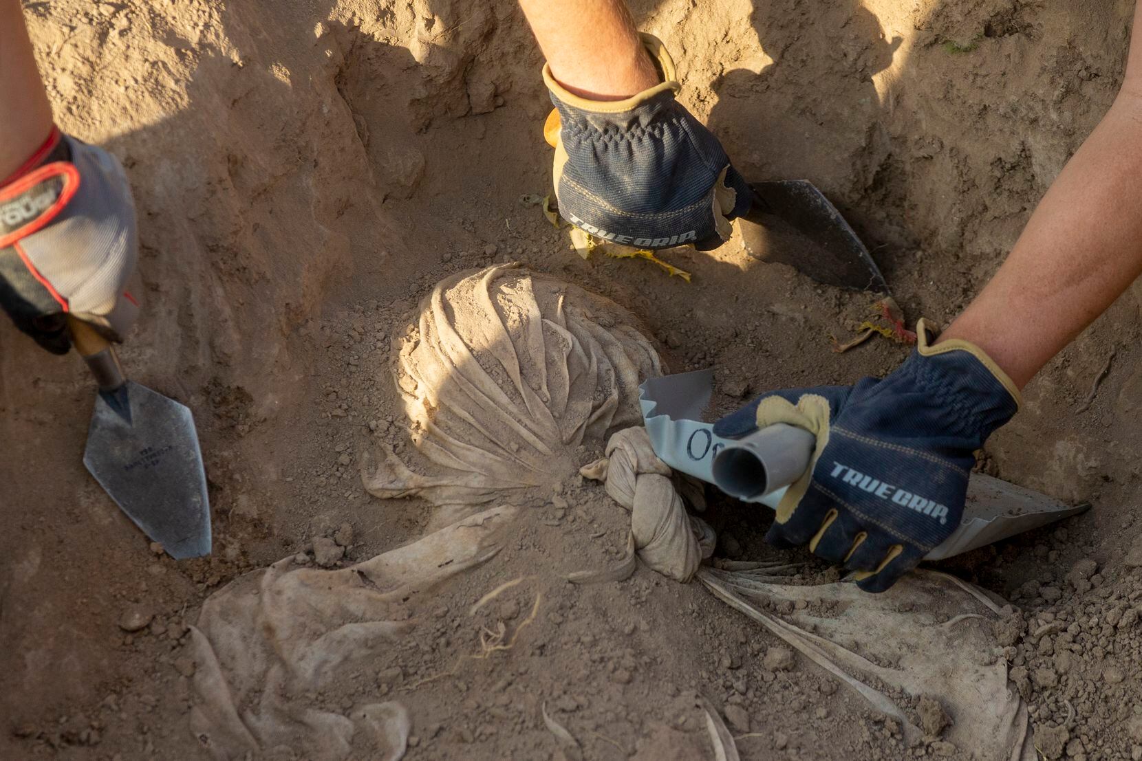 Anthropology students from Texas State University help exhume the bodies of unidentified...