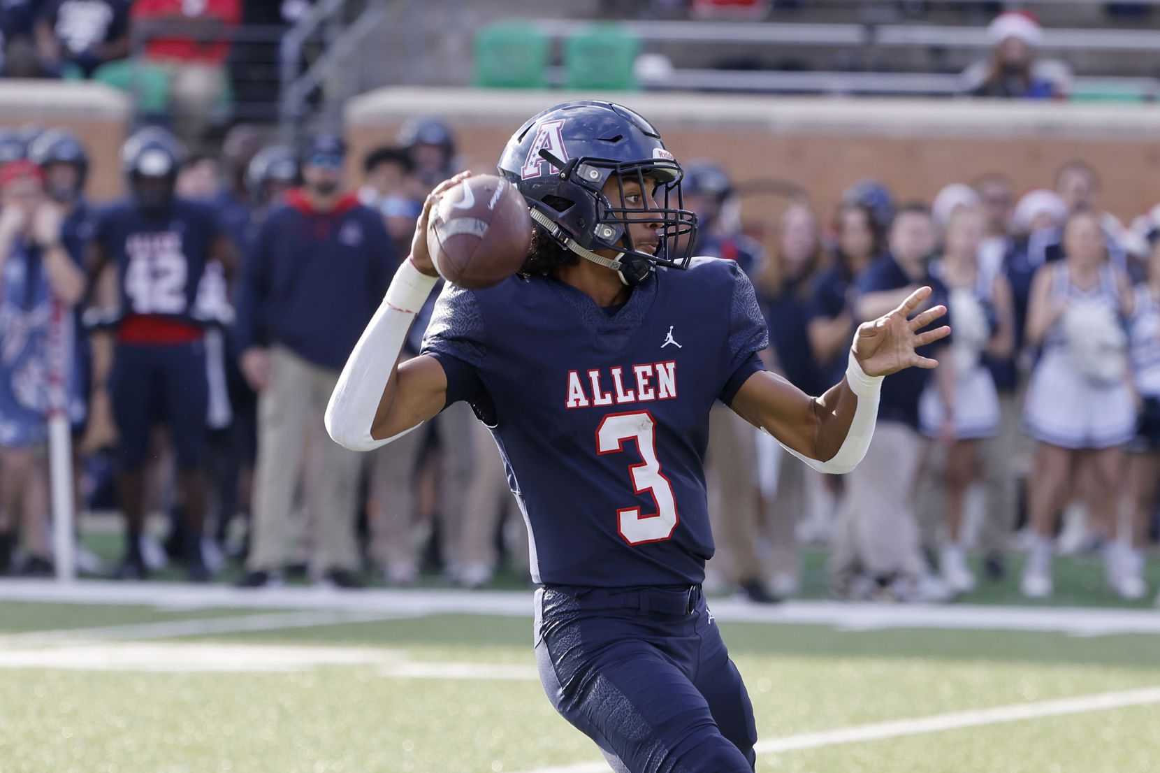 Allen’s Mike Hawkins (3) throws a touchdown against Souhtlake Carroll during the first half of a Class 6A Division I Region I final high school football game in Denton, Texas on Saturday, Dec. 4, 2021. (Michael Ainsworth/Special Contributor)