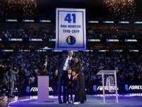 Former Dallas Mavericks All-Star Dirk Nowitzki, his wife Jessica Olsson and their kids pose...