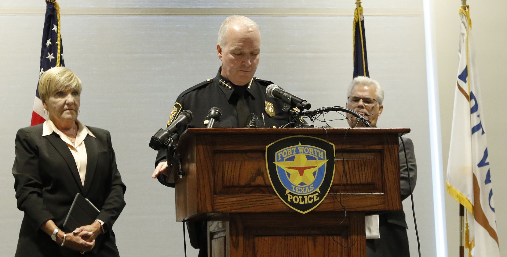Ft Worth Mayor Betsy Price, left, as to Interim Police Chief Ed Kraus, talks during the Fort Worth Police Department's press conference about the officer involved shooting of Atatiana Jefferson at the Bob Bolen Public Safety Complex on Monday, October 14, 2019 in Fort Worth, Texas. 