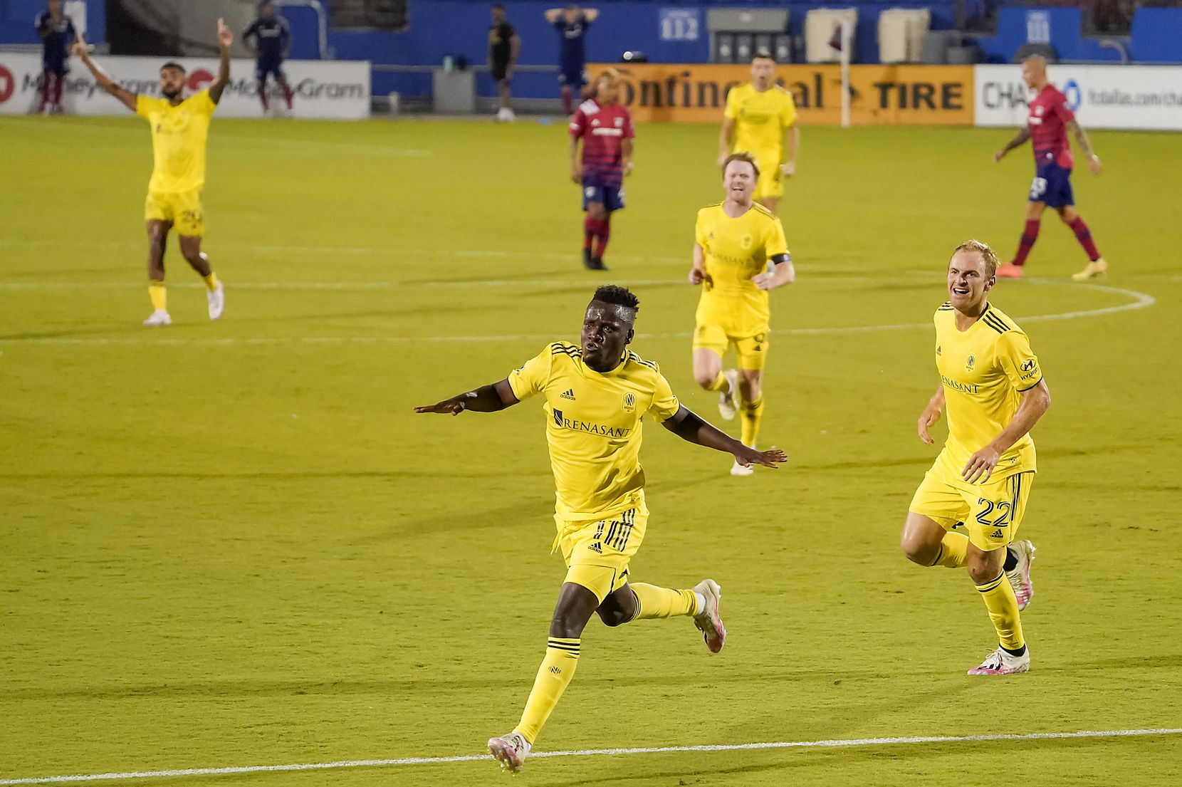 Nashville SC forward David Accam (11) celebrates after scoring during the 86th minute of a 1-0 victory over FC Dallas in an MLS soccer game at Toyota Stadium on Wednesday, Aug. 12, 2020, in Frisco, Texas. (Smiley N. Pool/The Dallas Morning News)