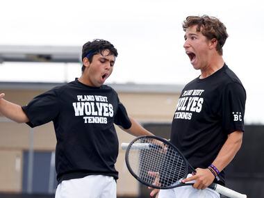 Plano West’s Kishan Kersten and Ethan Scribner celebrate a point during the 6A boys doubles...