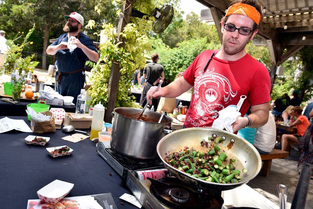 Chef Mark Wooton of Garden Cafe prepares a bamya stew with okra, tomato, lamb and bacon...