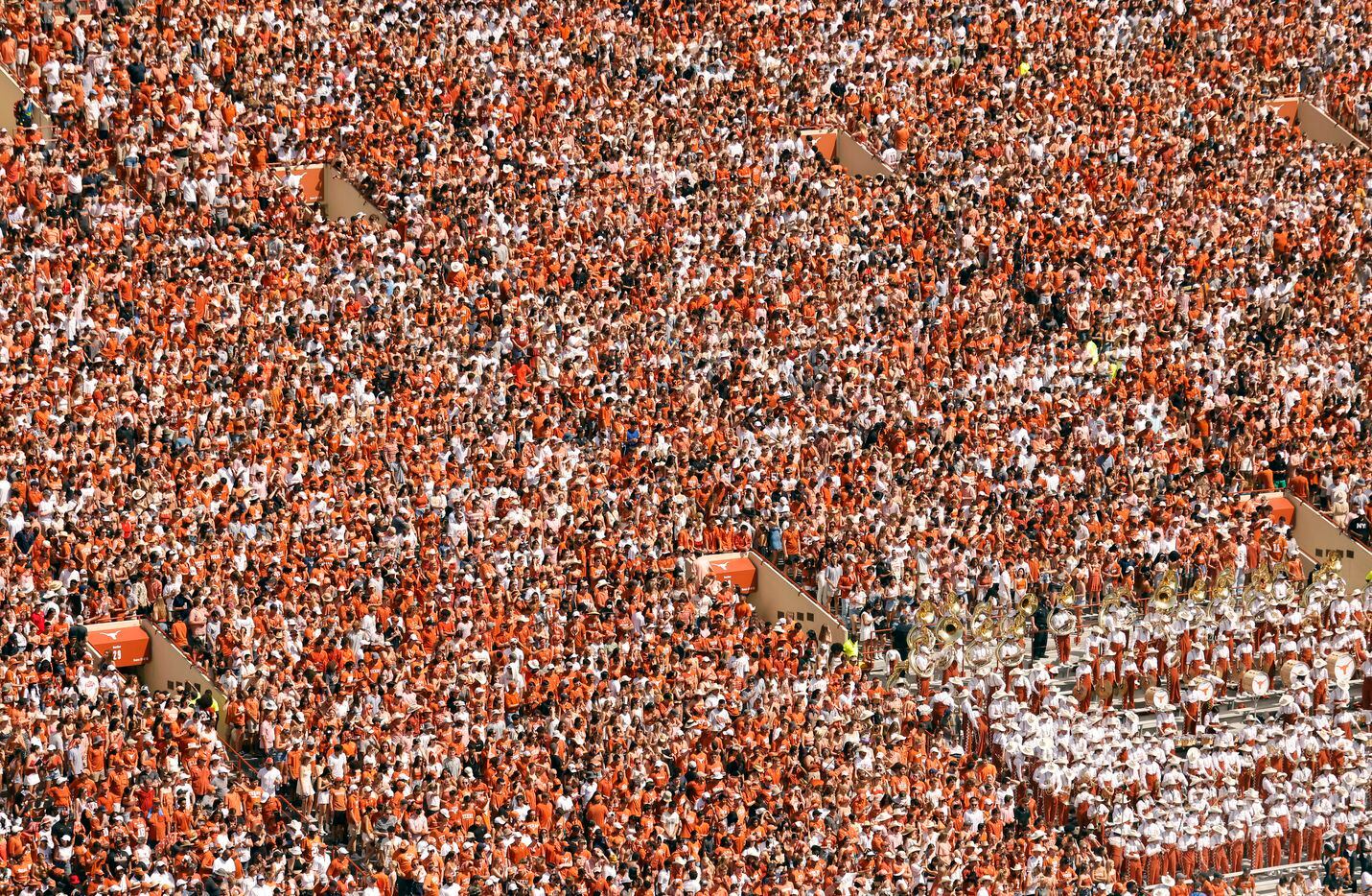 The Texas Longhorn Band (lower right) is surrounded by a sea of students on the east side of DKR-Texas Memorial Stadium in Austin, Saturday, September 4, 2021. The Texas Longhorns were facing the Louisiana-Lafayette Ragin Cajuns in the season opener. (Tom Fox/The Dallas Morning News)