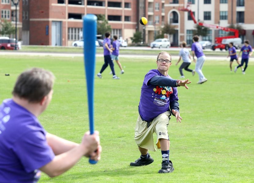 Paul Wachsman pitches to Luke O’Brien during the Buddy Walk at Toyota Stadium in Frisco, TX,...