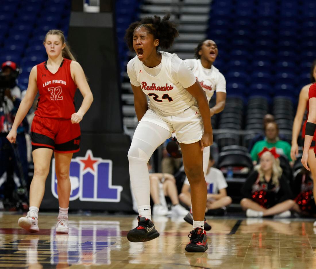 Frisco Liberty Jacy Abrii (24) reacts after a turnover. girls basketball Class 5A state...