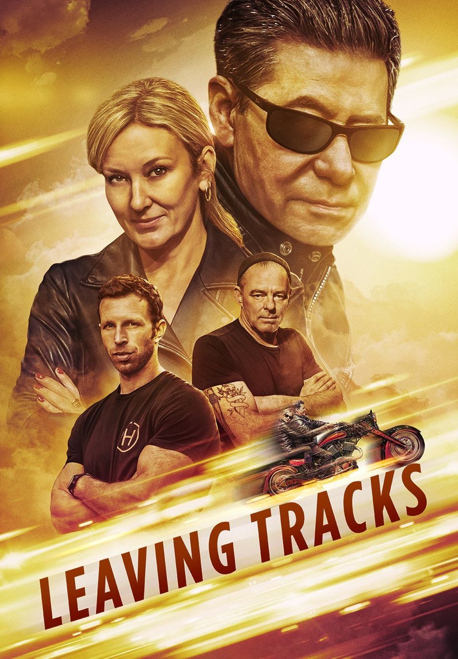 The Leaving Tracks movie poster features co-executive producers Stacey Mayfield and Bobby Haas with custom motorcycle builder stars Max Hazan (lower left) and Craig Rodsmith.