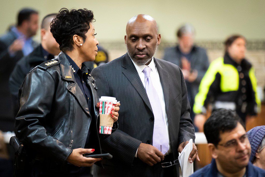 Dallas Police Chief U. Renee Hall (left) appeared with Dallas City Manager T.C. Broadnax at a Citizens Police Review Board town hall meeting at Highland Oaks Church of Christ earlier this year.