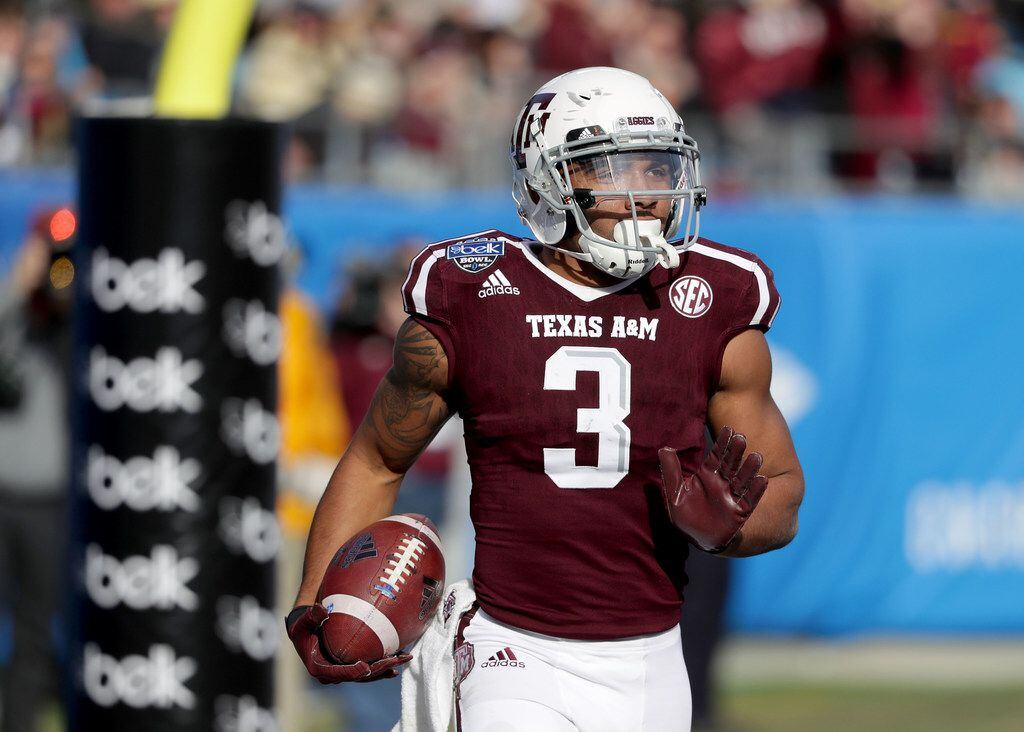 CHARLOTTE, NC - DECEMBER 29:  Christian Kirk #3 of the Texas A&M Aggies catches a touchdown against the Wake Forest Demon Deacons during the Belk Bowl at Bank of America Stadium on December 29, 2017 in Charlotte, North Carolina.  (Photo by Streeter Lecka/Getty Images)