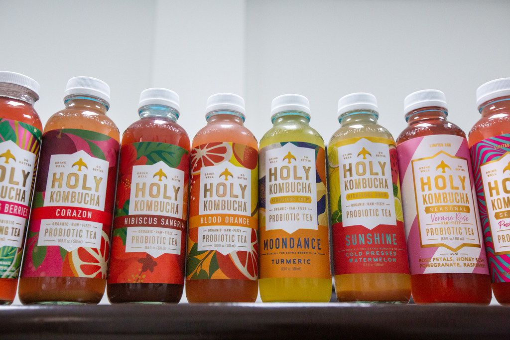 An array of locally brewed Holy Kombucha flavors are featured at the brand's facility in...