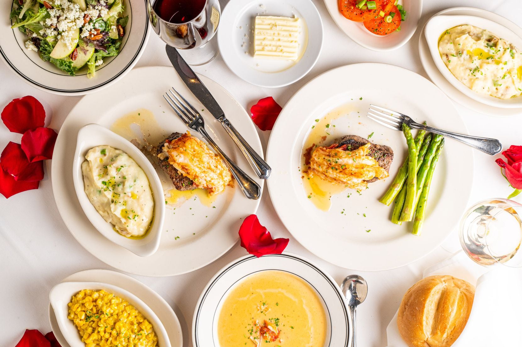 Silver Fox's Valentine's menu includes vine-ripened tomatoes, filet mignon topped with cold water lobster tail with whipped potatoes and asparagus, lobster bisque, off-the-cob creamed corn and III Forks salad.