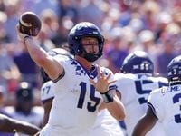 TCU quarterback Max Duggan (15) throws a pass during the first half of a game against SMU at...