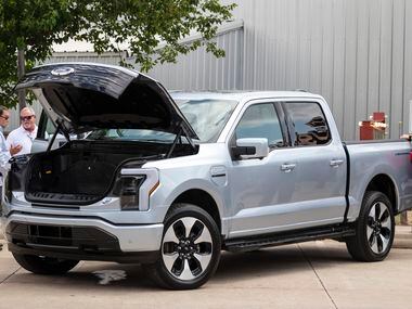 The new electric Ford F-150 Lightning truck was on display outside The Rustic in Dallas on July 15.