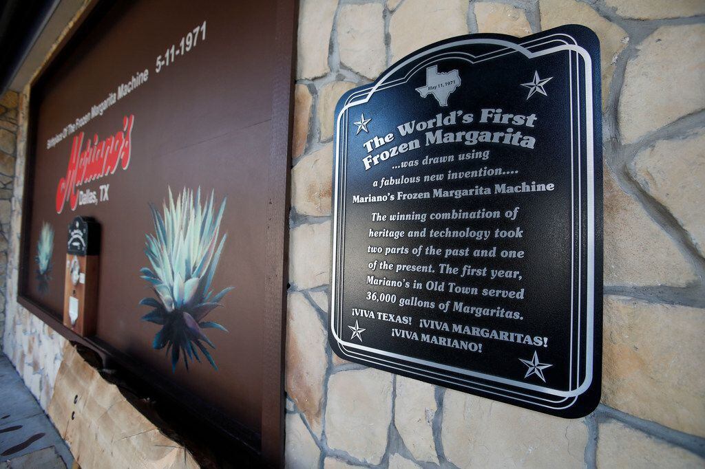 A sign memorializing the world's first frozen margarita at Mariano's Hacienda in Dallas 
