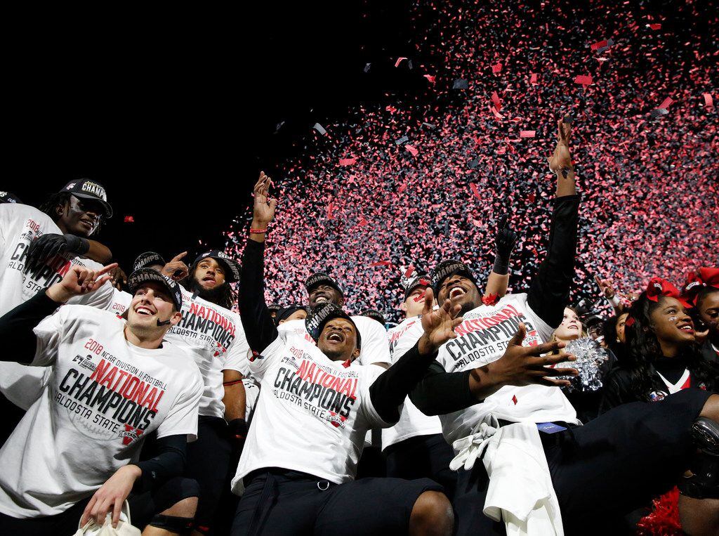 Valdosta State Blazers celebrate after winning the NCAA Division II National Championship at...