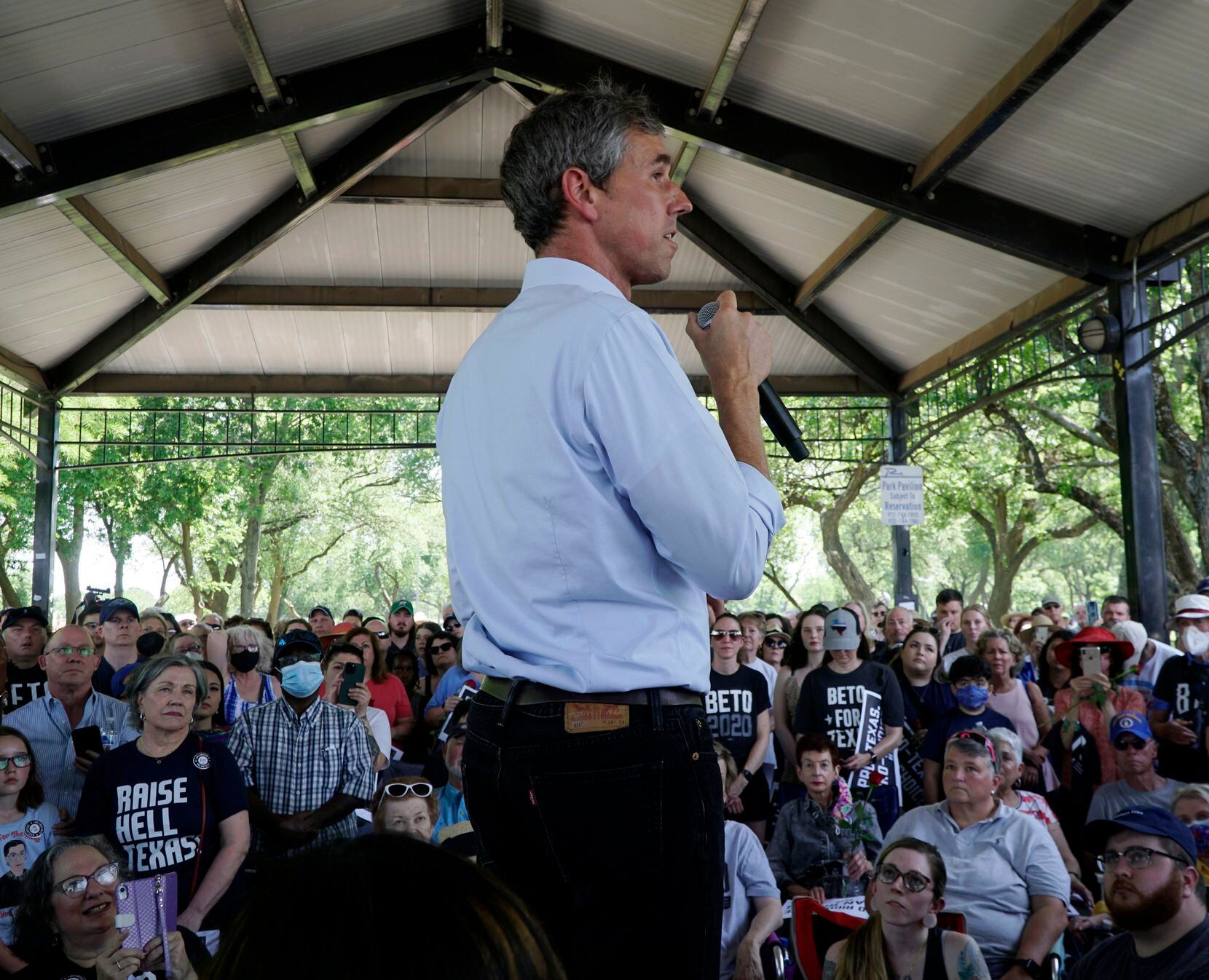 Beto O’Rourke speaks to supporters during a town hall meeting at Huffhines Park in...