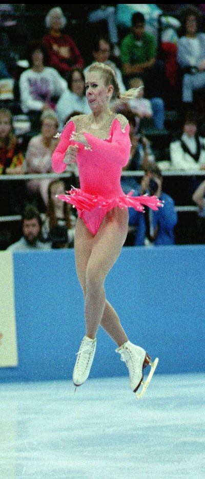 Tonya Harding of Portland, Ore., twists above the ice as  she completes her routine on her way to winning the ladies  technical program of the Skate America International competition  in Dallas on Oct. 22, 1993.