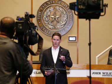 Dallas County Judge Clay Jenkins speaks at a press conference updating an amended order for the COVID-19 response at the Dallas County Administration Building in Dallas on Saturday, March 21, 2020. (Vernon Bryant/The Dallas Morning News)
