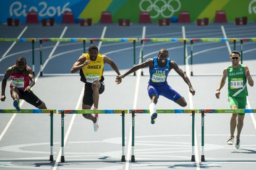 Kerron Clement of the USA clears the final hurdle on his way to winning the men's 400m...
