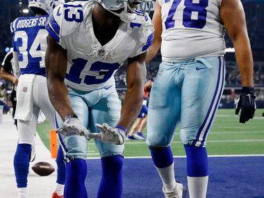 Dallas Cowboys wide receiver Michael Gallup (13) celebrates his fourth quarter touchdown...