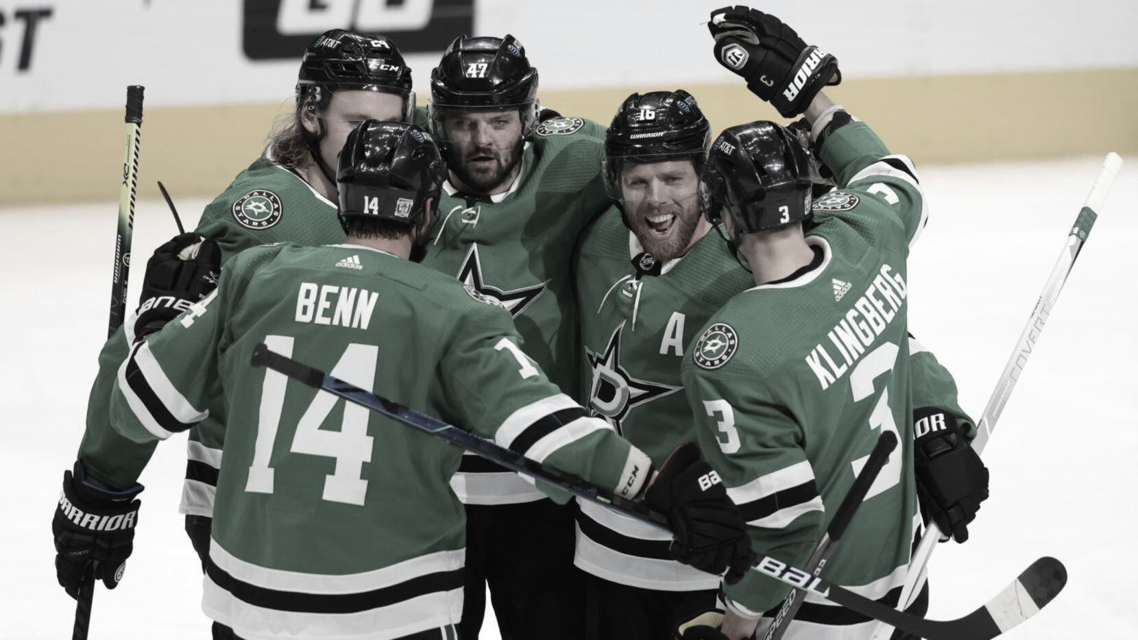 Dallas Stars right wing Alexander Radulov (47) is congratulated by teammates Joe Pavelski (16), Jamie Benn (14), John Klingberg (3), and Roope Hintz (24) after Radulov scored a goal against the Nashville Predators in the Stars home opener at American Airlines Center on Friday, January 22, 2021.