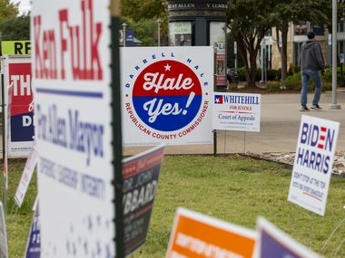 Political signs outside of the Allen Event Center in Allen on Thursday, Oct. 29, 2020. (Juan Figueroa/ The Dallas Morning News)