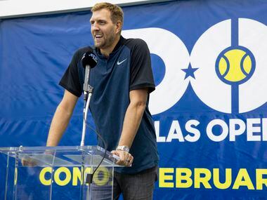 Dallas Mavericks star Dirk Nowitzki speaks during a press conference to announce a new ATP...