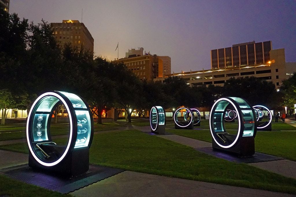 The "Loop" interactive art installation includes a dozen giant cylinders in Burnett Park in...
