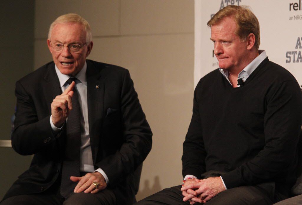 Dallas Cowboys owner Jerry Jones and NFL Commissioner Roger Goodell speak at a Fan Forum...
