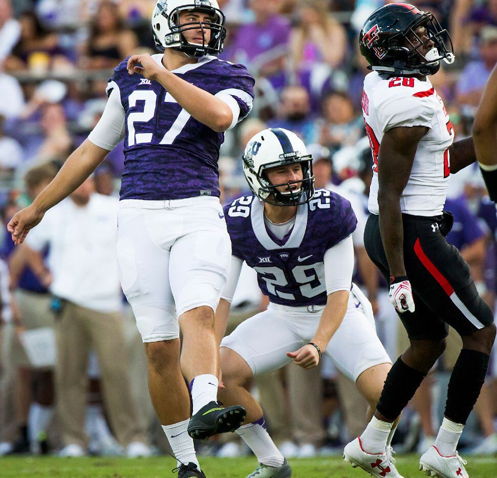 TCU place kicker Brandon Hatfield (27) reacts after missing a field goal attempt during the...