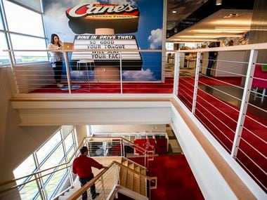 Branding and bright colors highlight Raising Cane's offices in Plano. It's the only company that has made the Top 100 Places to Work list all 13 years of the competition.