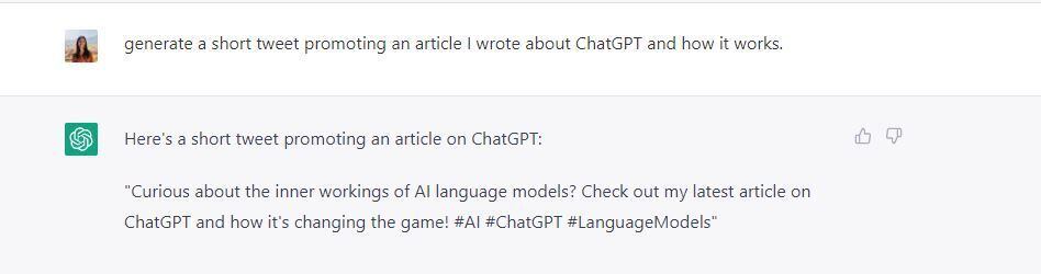 ChatGPT can be useful to generate ideas for social media posts, like this proposed Tweet.