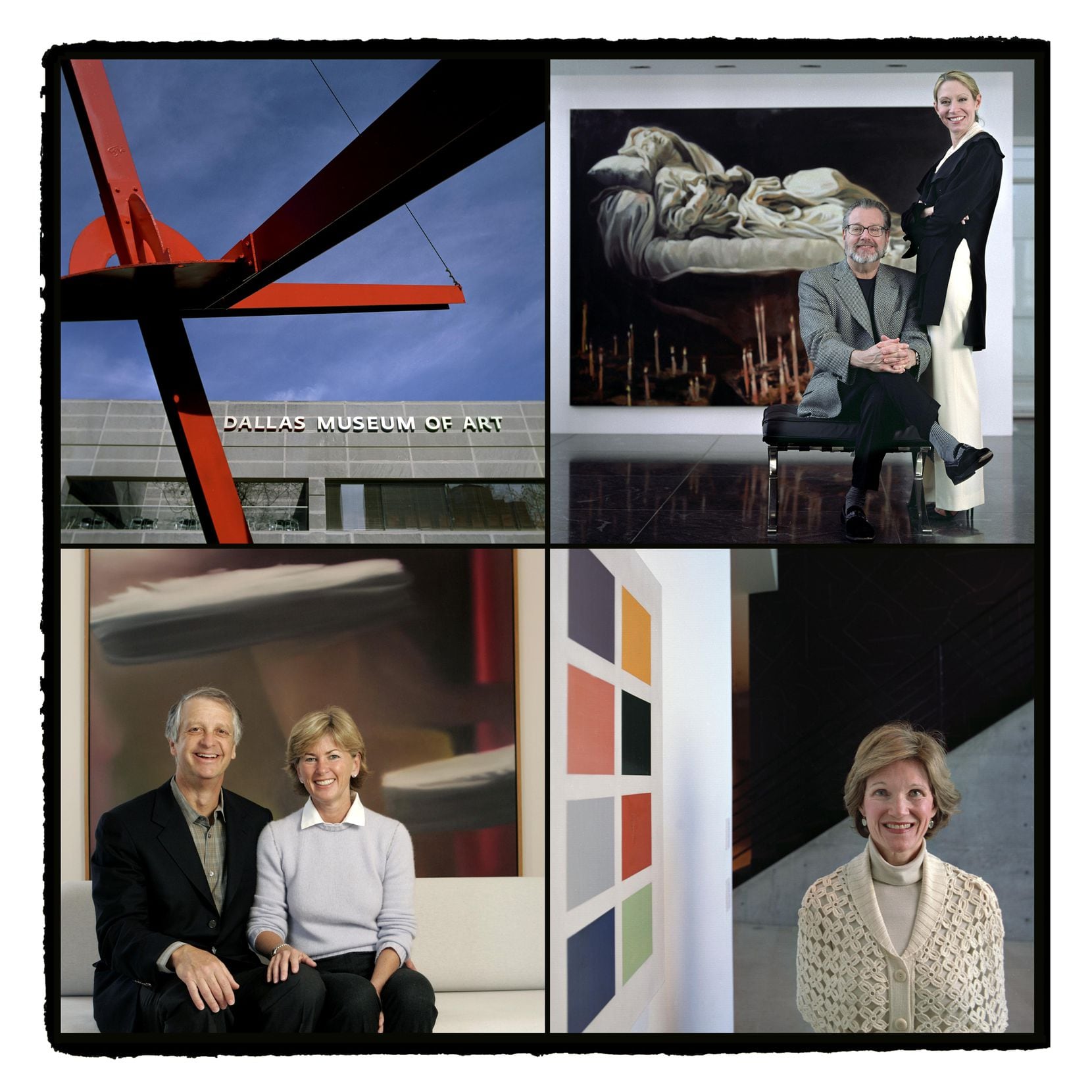 Howard and Cindy Rachofsky (top right) Robert and Marguerite Hoffman (bottom left) and Deedie Rose (bottom right) all agreed to donate their art collections to the Dallas Museum of Art (top left) following their passing. All photographs were made February 15, 2005, at the DMA and the homes of each family.
