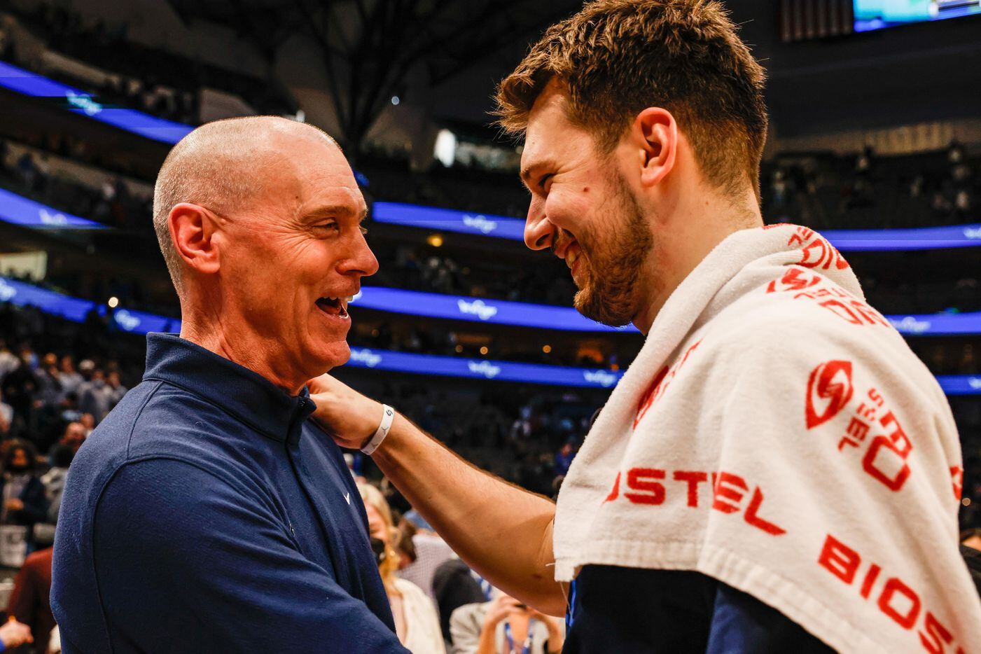 Indiana Pacers coach Rick Carlisle greets Dallas Mavericks guard Luka Doncic (77) after the game at the American Airlines Center in Dallas on Saturday, January 29, 2022.