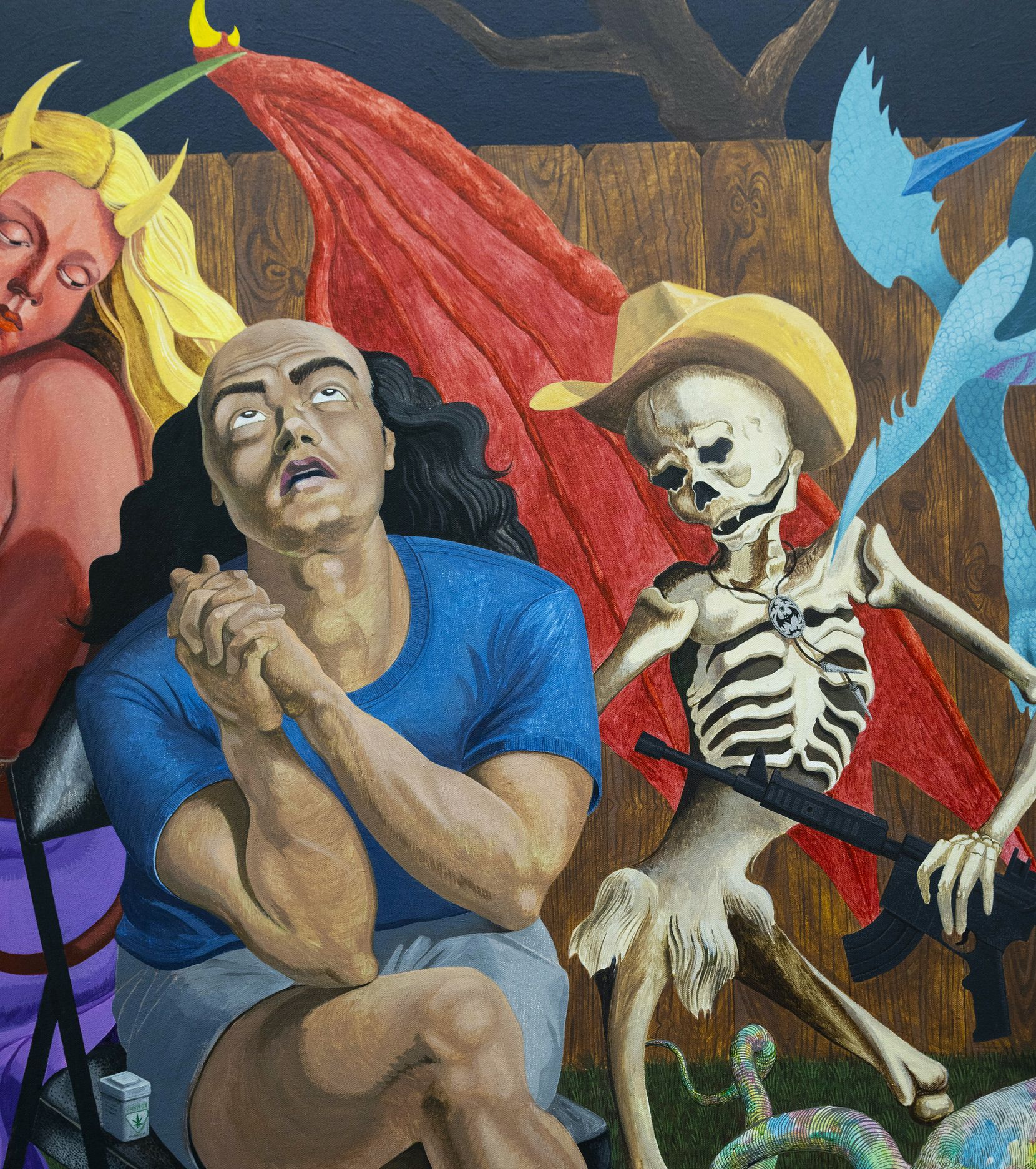 A detail of the painting 'The Allegory of Weed Gummy and Alcohol Induced Anxiety,' by Francisco Moreno.